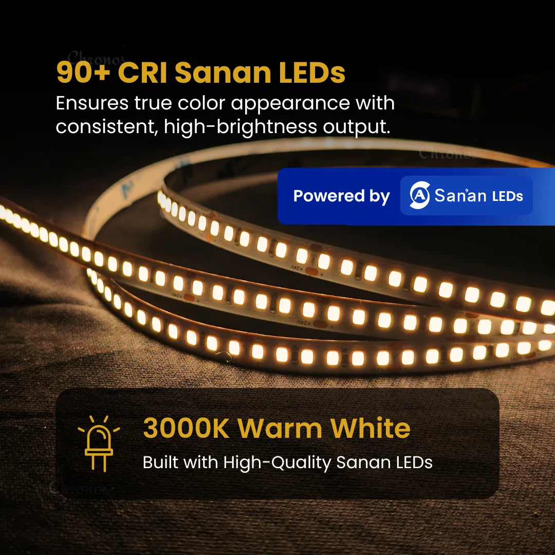 Luxe 180 LED 8mm LED Strip Lights - Warm White 24V - CRI90+ Sanan 2835 LED - 10m Roll
