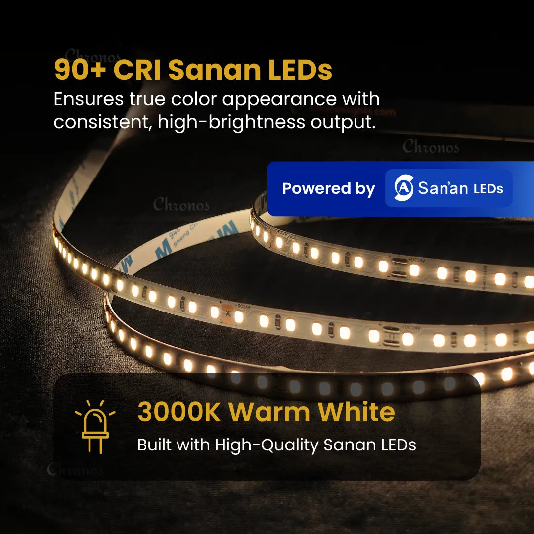 Luxe 120 LED 8mm LED Strip Lights - Warm White 24V - CRI90+ Sanan 2835 LED - 10m Roll