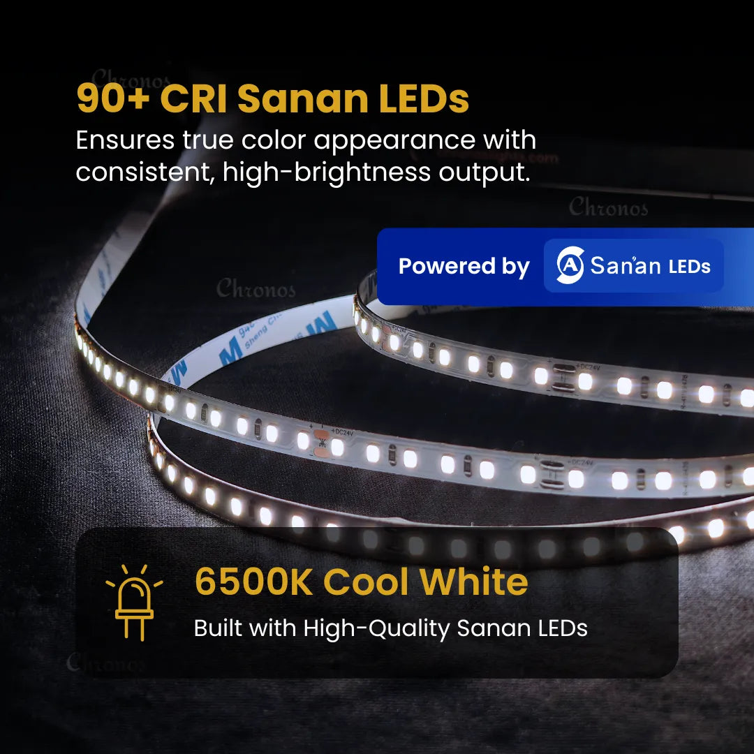 Luxe 120 LED 8mm LED Strip Lights - Cool White 24V - CRI90+ Sanan 2835 LED - 10m Roll