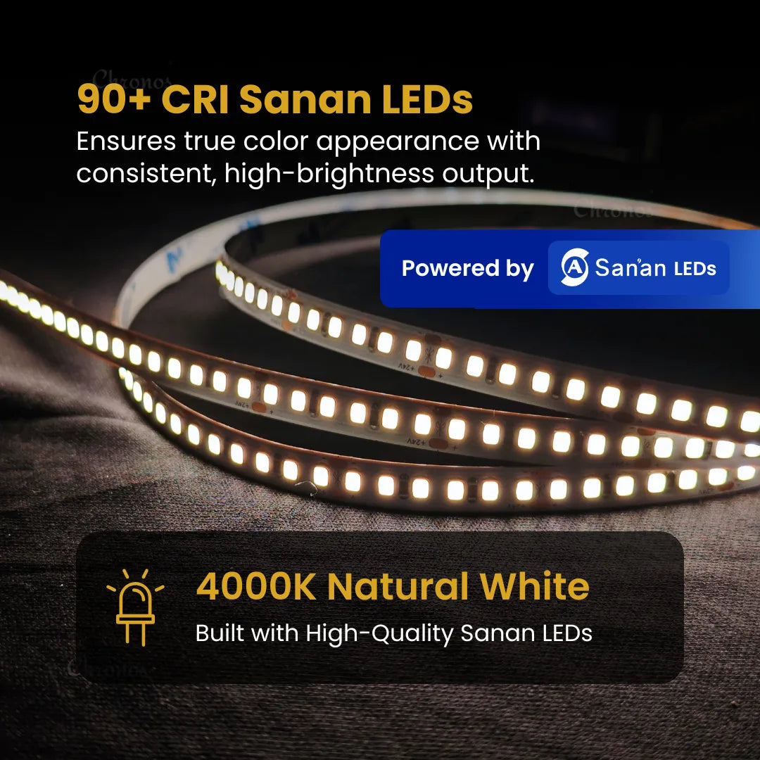 Luxe 180 LED 8mm LED Strip Lights - Natural White 24V - CRI90+ Sanan 2835 LED - 10m Roll