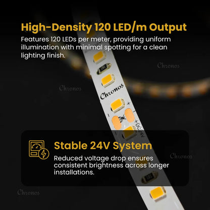 Luxe 120 LED 8mm LED Strip Lights - Warm White 24V - CRI90+ Sanan 2835 LED - 10m Roll