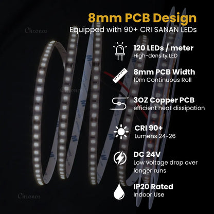 Luxe 120 LED 8mm LED Strip Lights - Cool White 24V - CRI90+ Sanan 2835 LED - 10m Roll