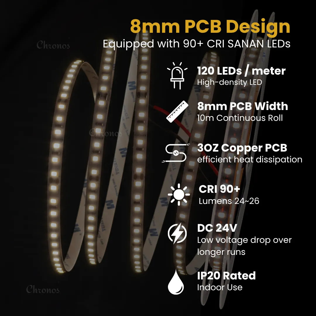 Luxe 120 LED 8mm LED Strip Lights - Natural White 24V - CRI90+ Sanan 2835 LED - 10m Roll