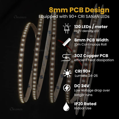 Luxe 120 LED 8mm LED Strip Lights - Natural White 24V - CRI90+ Sanan 2835 LED - 10m Roll