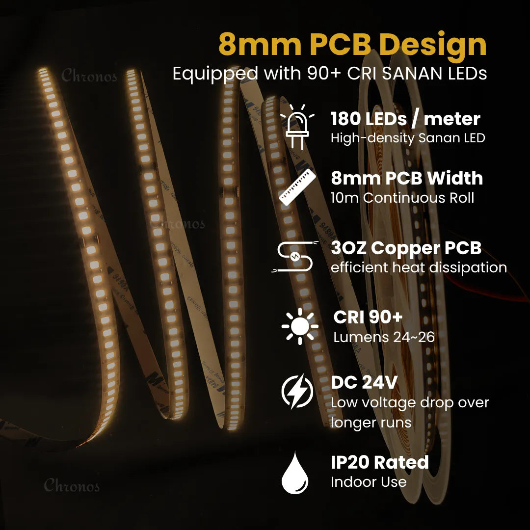 Luxe 180 LED 8mm LED Strip Lights - Warm White 24V - CRI90+ Sanan 2835 LED - 10m Roll
