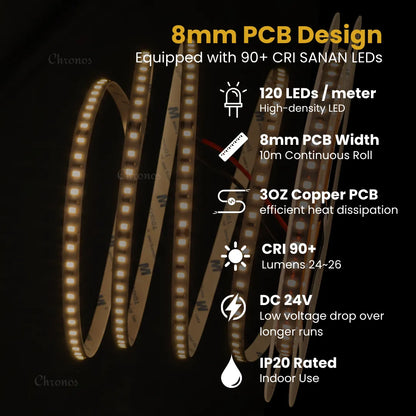 Luxe 120 LED 8mm LED Strip Lights - Warm White 24V - CRI90+ Sanan 2835 LED - 10m Roll